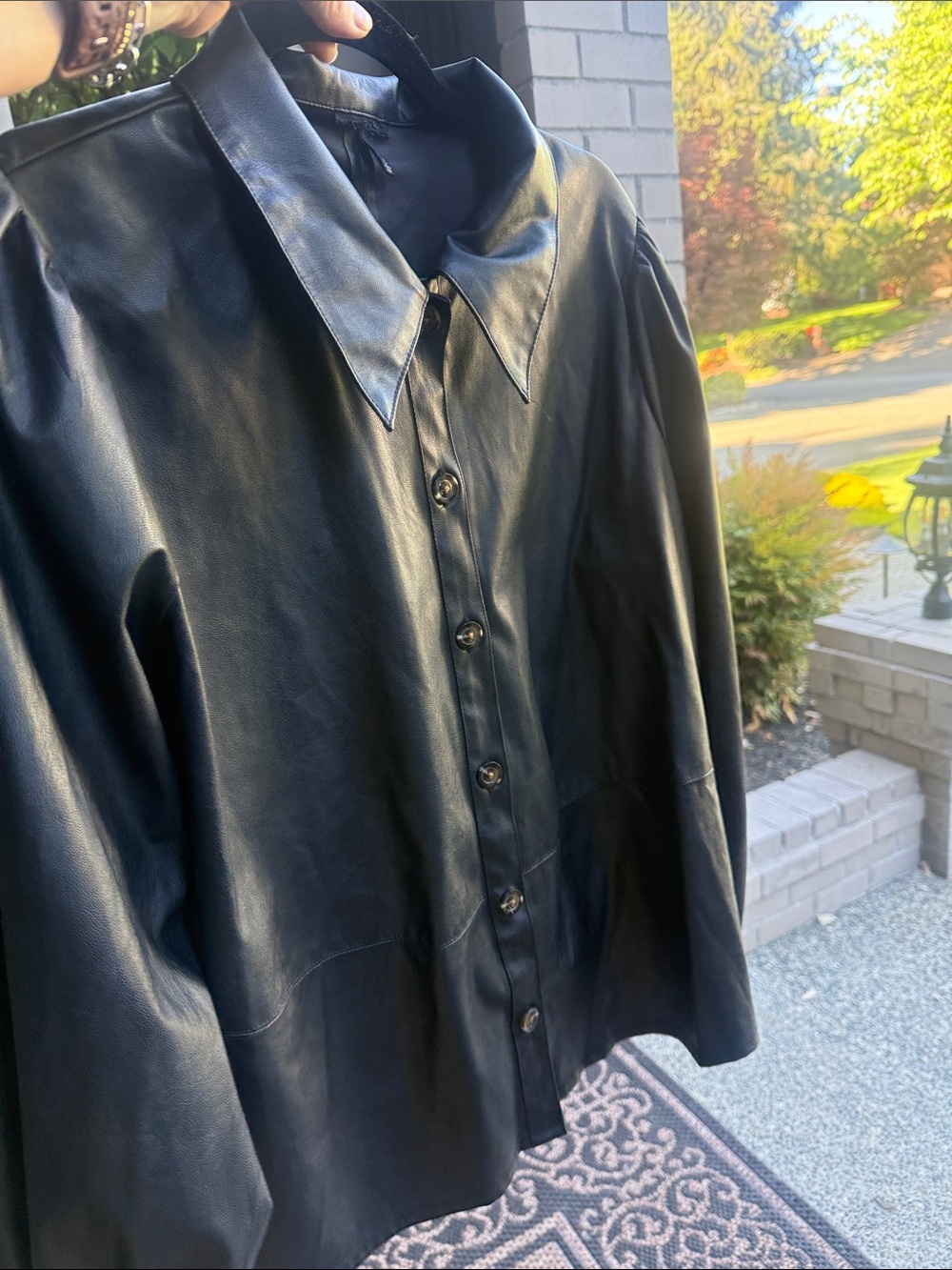 Faux Leather Button-Up Shirt in black by Who What Wear size L